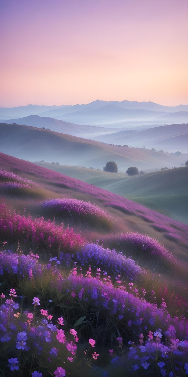 Minimal Soft Studio Light Photography A Serene Landscape With Rolling Hills And Mountains In The Background Covered In A Hazy Mist In The Foreground There Are Vibrant Purple And Pink Wildflowers Blooming Creating A 15 36fd