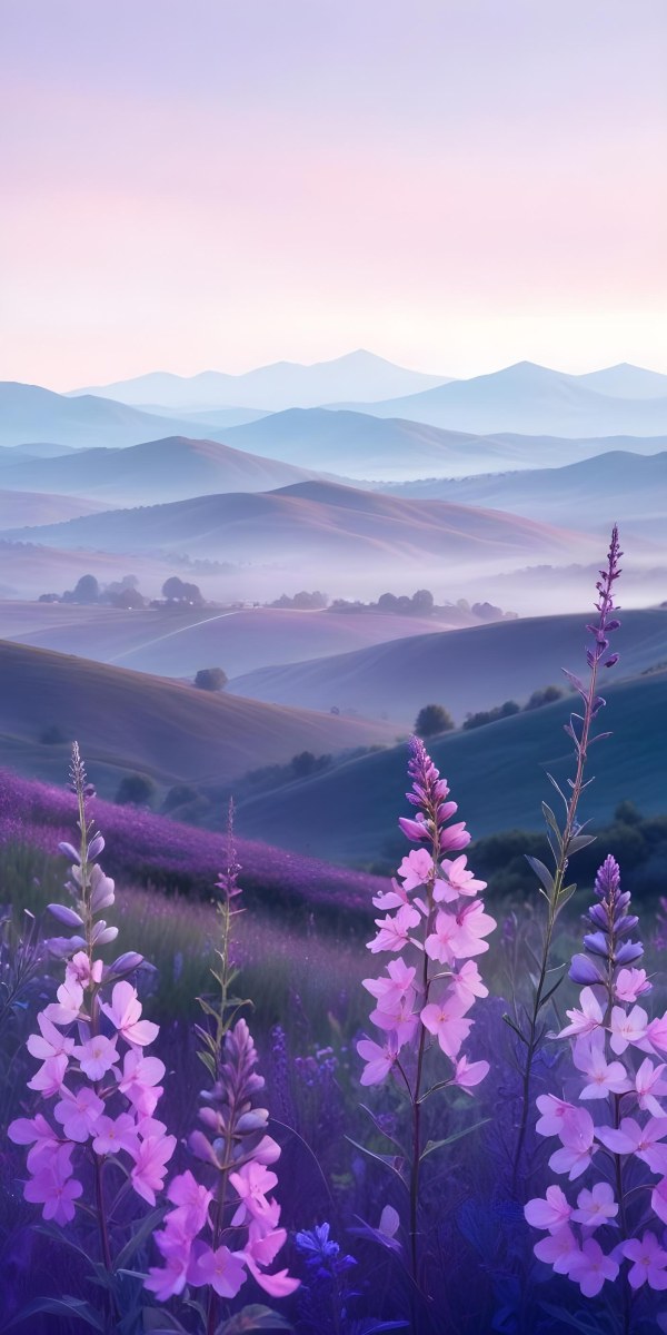 Minimal Soft Studio Light Photography A Serene Landscape With Rolling Hills And Mountains In The Background Covered In A Hazy Mist In The Foreground There Are Vibrant Purple And Pink Wildflowers Blooming Creating A 19 2c50