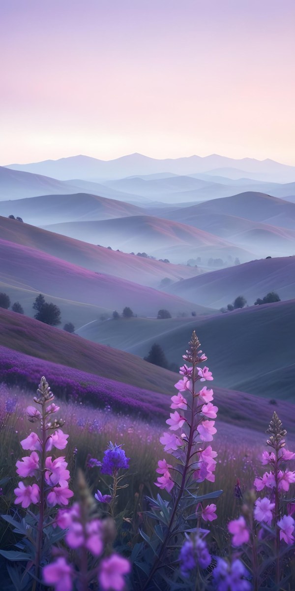 Minimal Soft Studio Light Photography A Serene Landscape With Rolling Hills And Mountains In The Background Covered In A Hazy Mist In The Foreground There Are Vibrant Purple And Pink Wildflowers Blooming Creating A 20 186b