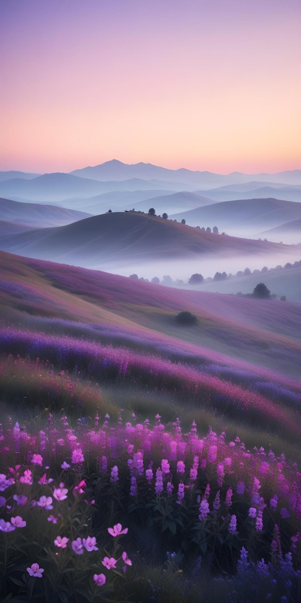 Minimal Soft Studio Light Photography A Serene Landscape With Rolling Hills And Mountains In The Background Covered In A Hazy Mist In The Foreground There Are Vibrant Purple And Pink Wildflowers Blooming Creating A 22 Edc1