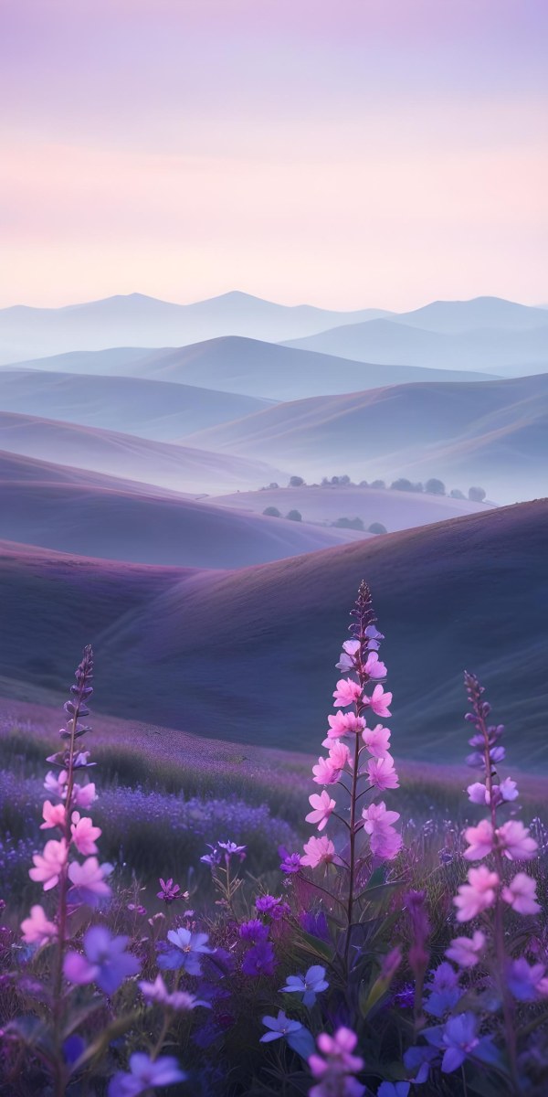 Minimal Soft Studio Light Photography A Serene Landscape With Rolling Hills And Mountains In The Background Covered In A Hazy Mist In The Foreground There Are Vibrant Purple And Pink Wildflowers Blooming Creating A 23 2389