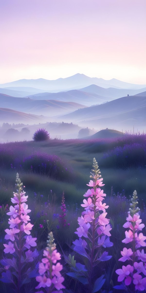 Minimal Soft Studio Light Photography A Serene Landscape With Rolling Hills And Mountains In The Background Covered In A Hazy Mist In The Foreground There Are Vibrant Purple And Pink Wildflowers Blooming Creating A 24 5df1