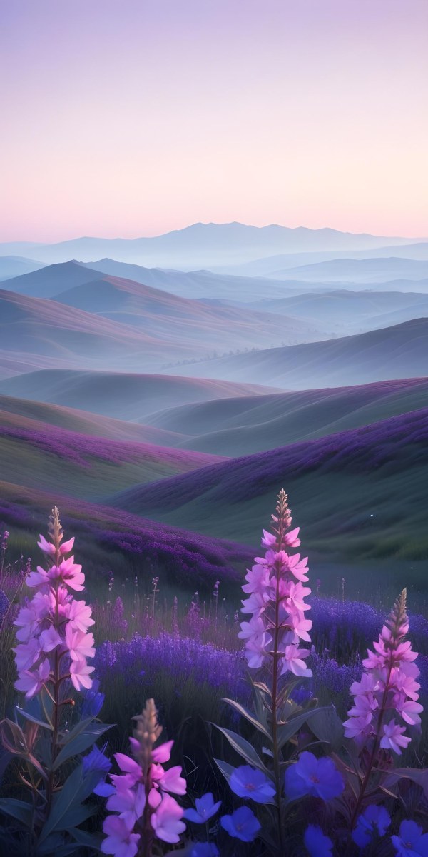Minimal Soft Studio Light Photography A Serene Landscape With Rolling Hills And Mountains In The Background Covered In A Hazy Mist In The Foreground There Are Vibrant Purple And Pink Wildflowers Blooming Creating A 25 B7d2