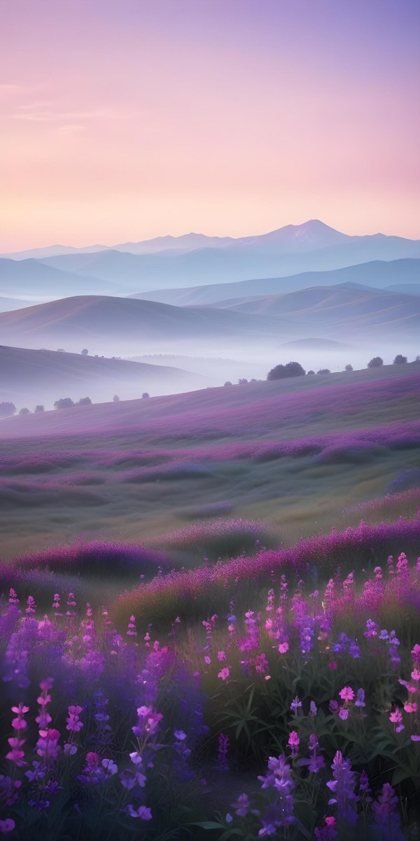 Minimal Soft Studio Light Photography A Serene Landscape With Rolling Hills And Mountains In The Background Covered In A Hazy Mist In The Foreground There Are Vibrant Purple And Pink Wildflowers Blooming Creating A 26 1351