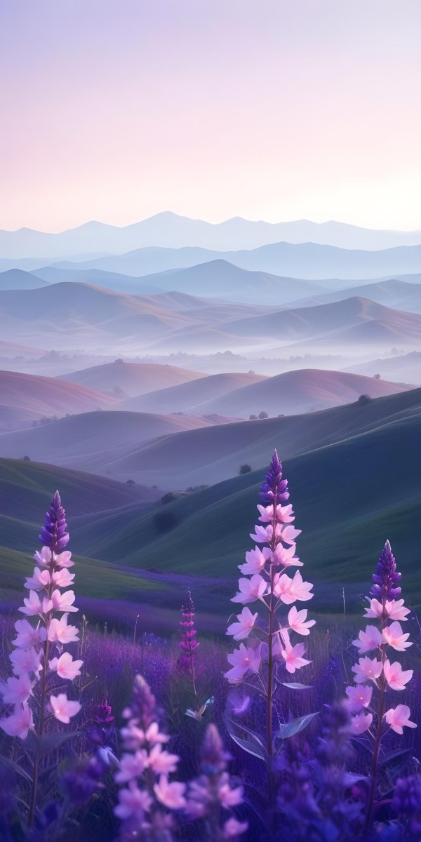 Minimal Soft Studio Light Photography A Serene Landscape With Rolling Hills And Mountains In The Background Covered In A Hazy Mist In The Foreground There Are Vibrant Purple And Pink Wildflowers Blooming Creating A 27 8f47