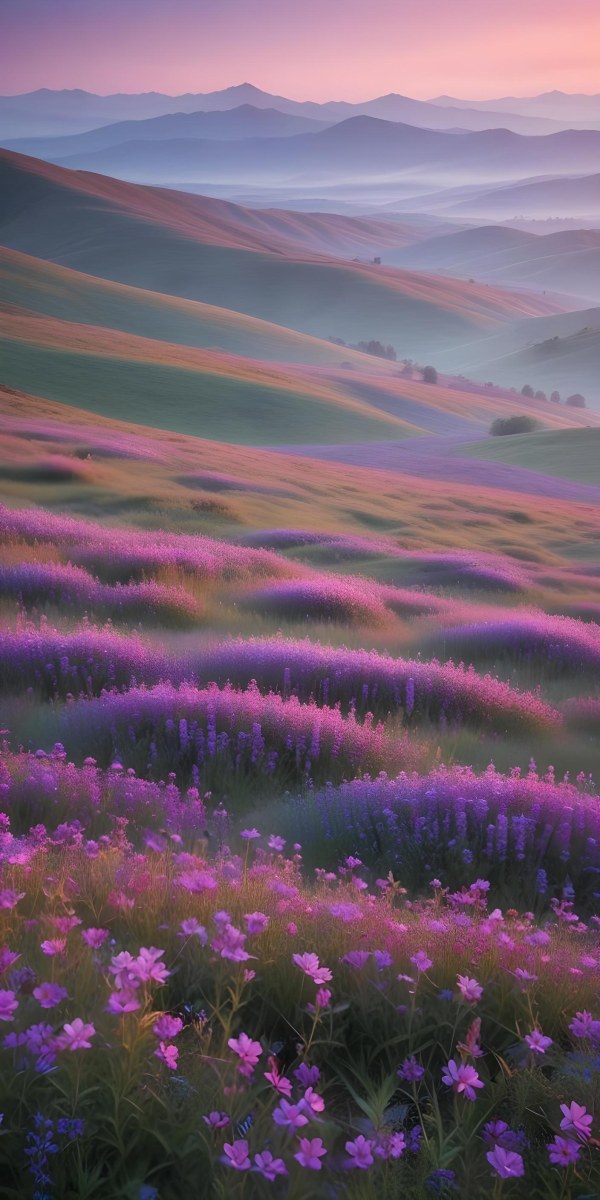 Minimal Soft Studio Light Photography A Serene Landscape With Rolling Hills And Mountains In The Background Covered In A Hazy Mist In The Foreground There Are Vibrant Purple And Pink Wildflowers Blooming Creating A 3 356e
