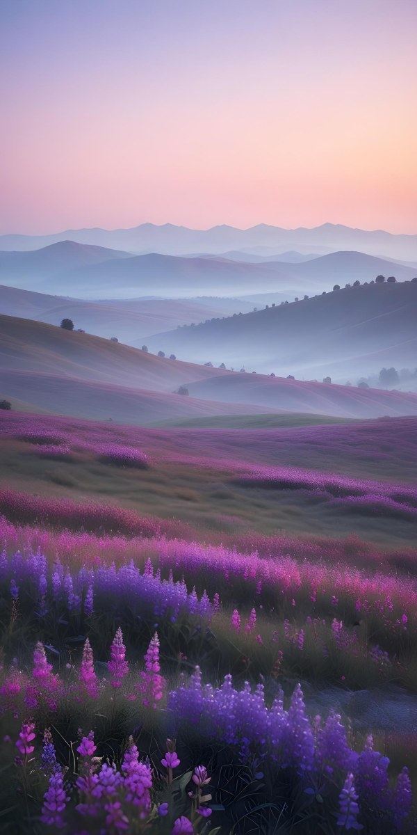 Minimal Soft Studio Light Photography A Serene Landscape With Rolling Hills And Mountains In The Background Covered In A Hazy Mist In The Foreground There Are Vibrant Purple And Pink Wildflowers Blooming Creating A 4 Ee9b