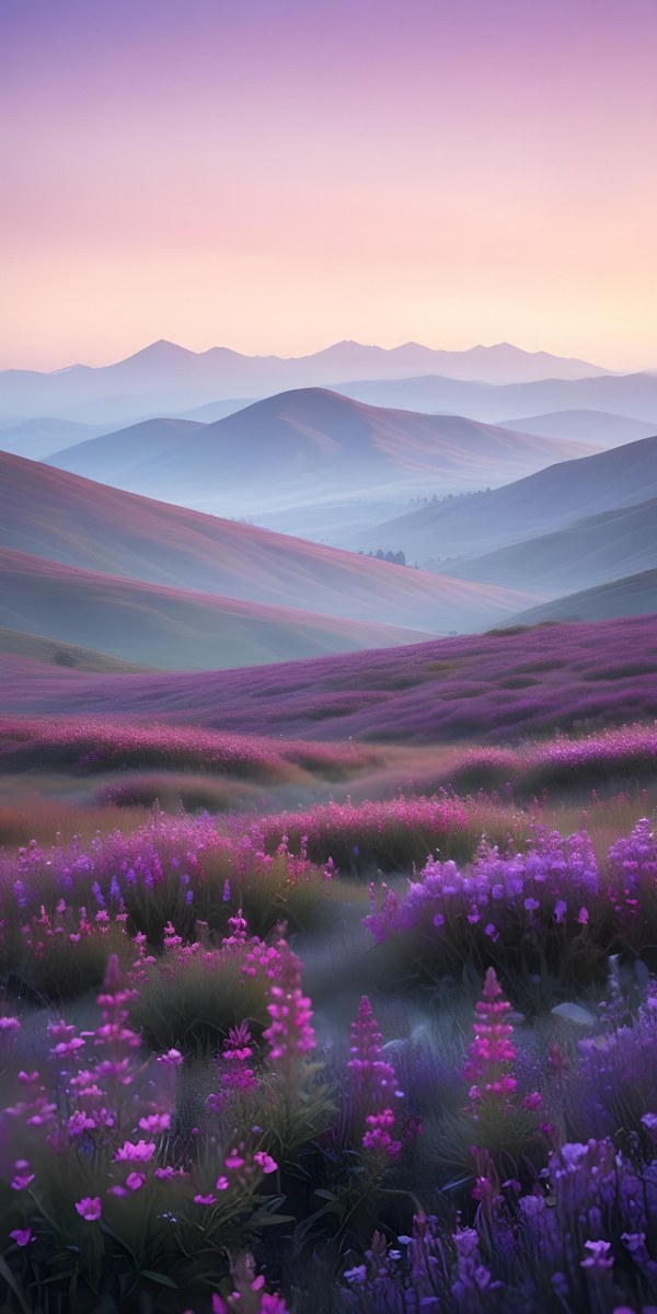 Minimal Soft Studio Light Photography A Serene Landscape With Rolling Hills And Mountains In The Background Covered In A Hazy Mist In The Foreground There Are Vibrant Purple And Pink Wildflowers Blooming Creating A 6 9080