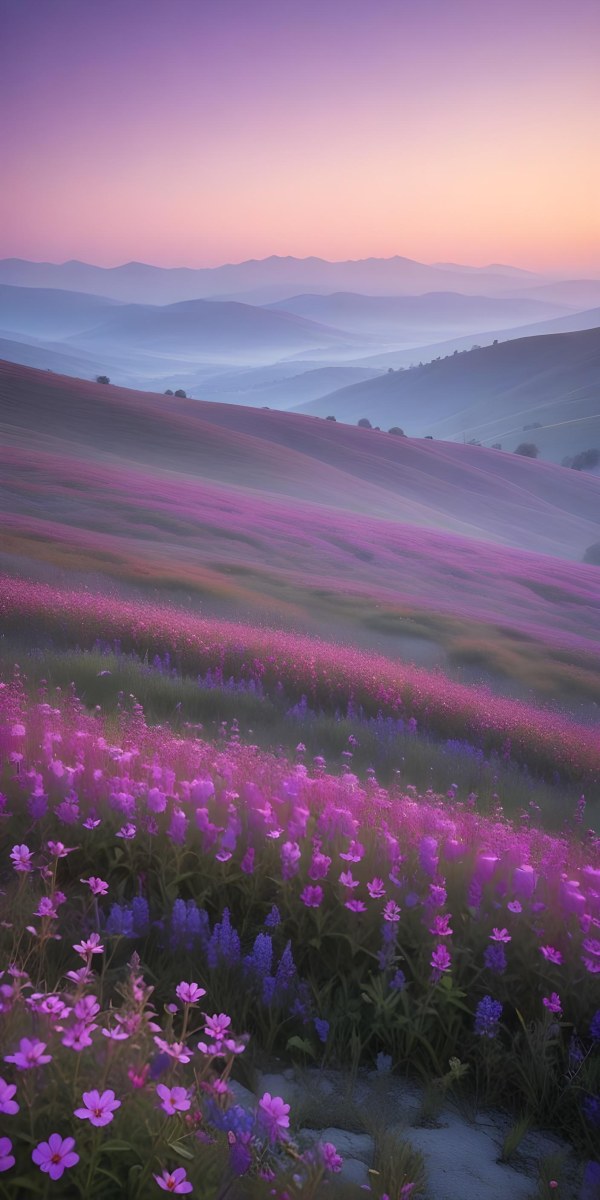 Minimal Soft Studio Light Photography A Serene Landscape With Rolling Hills And Mountains In The Background Covered In A Hazy Mist In The Foreground There Are Vibrant Purple And Pink Wildflowers Blooming Creating A 7 4b3a