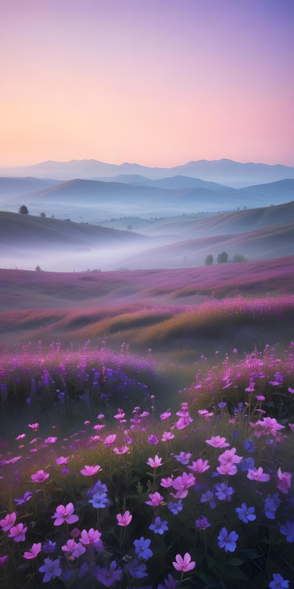 Minimal Soft Studio Light Photography A Serene Landscape With Rolling Hills And Mountains In The Background Covered In A Hazy Mist In The Foreground There Are Vibrant Purple And Pink Wildflowers Blooming Creating A 9 2666