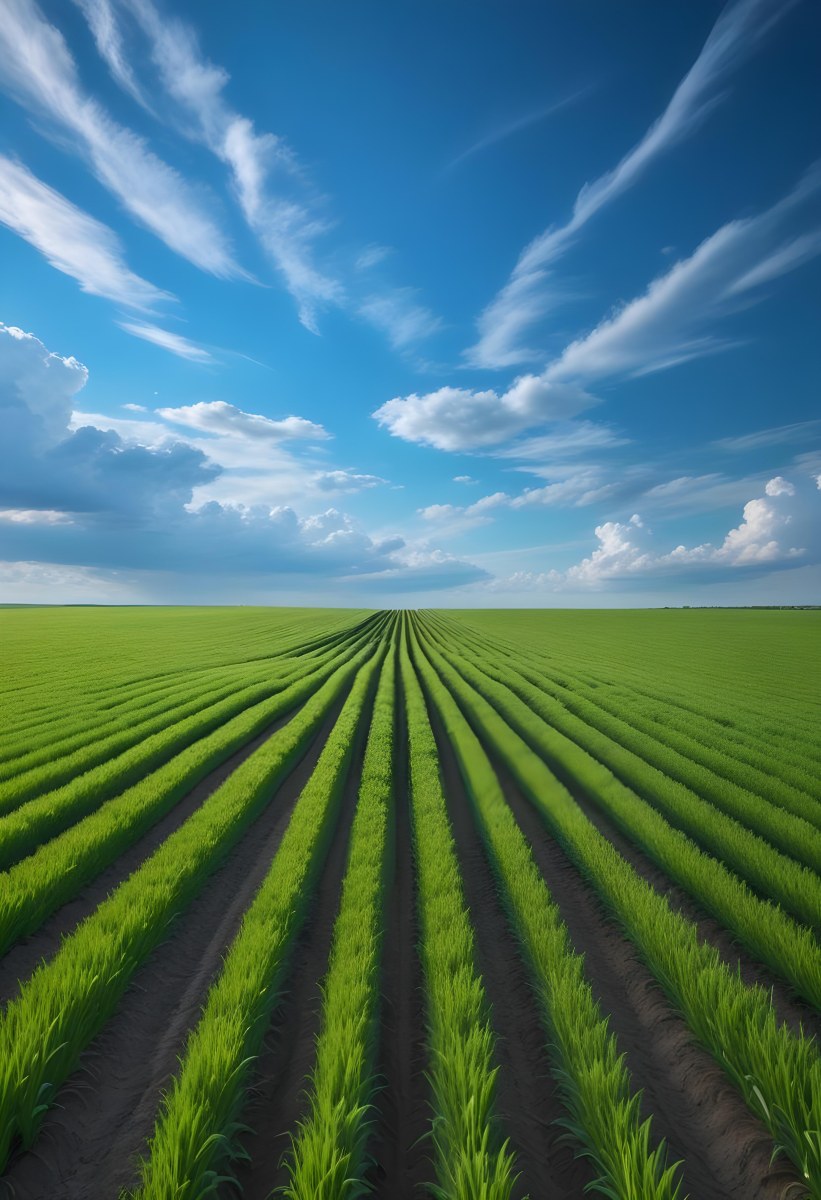 Minimal Soft Studio Light Photography A Vast Green Field With Rows Of Crops Stretching Out Under A Dramatic Blue Sky With Wispy Clouds High Detail Solid Bold Color Background 12 5f02