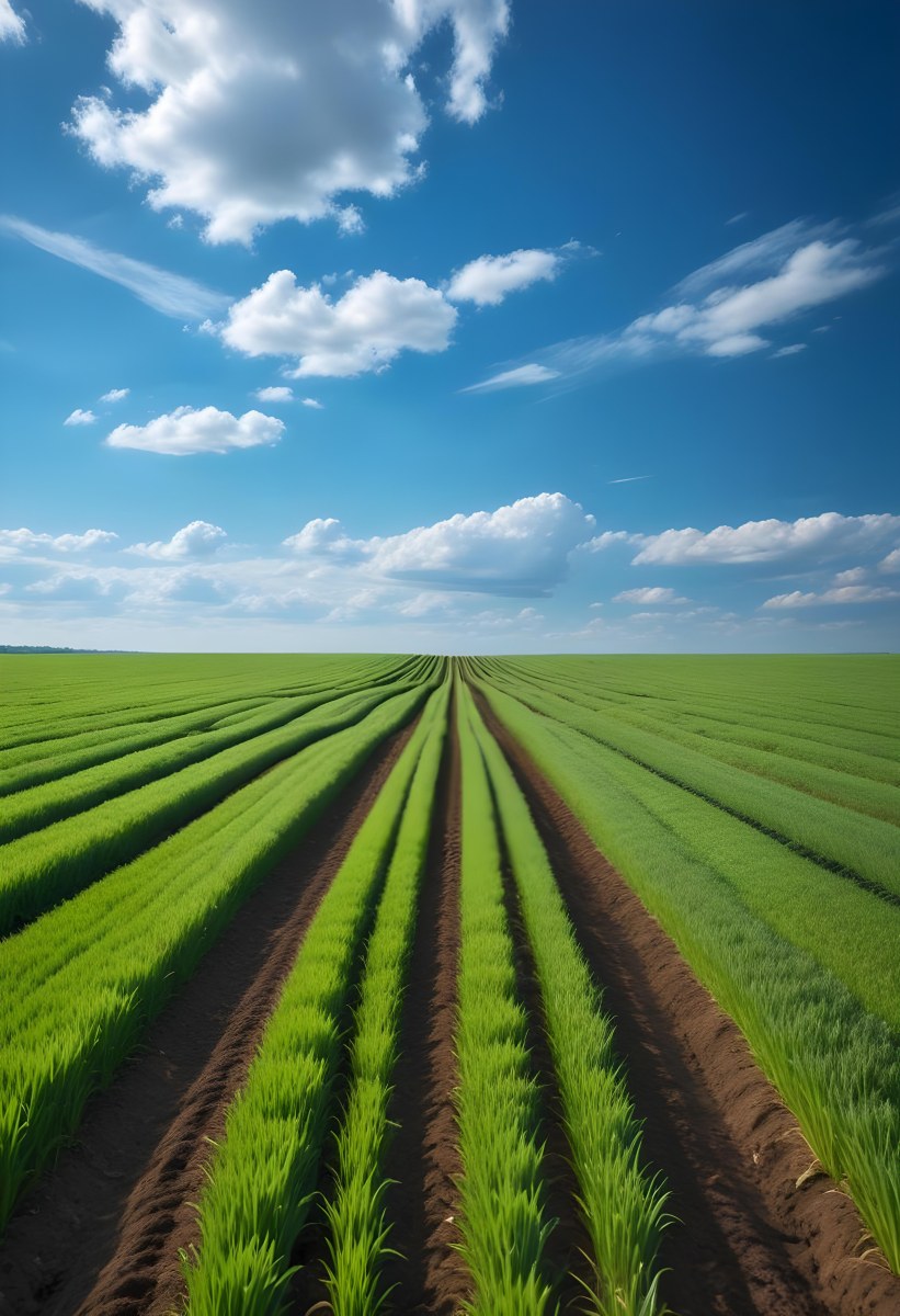 Minimal Soft Studio Light Photography A Vast Green Field With Rows Of Crops Stretching Out Under A Dramatic Blue Sky With Wispy Clouds High Detail Solid Bold Color Background 2 E926