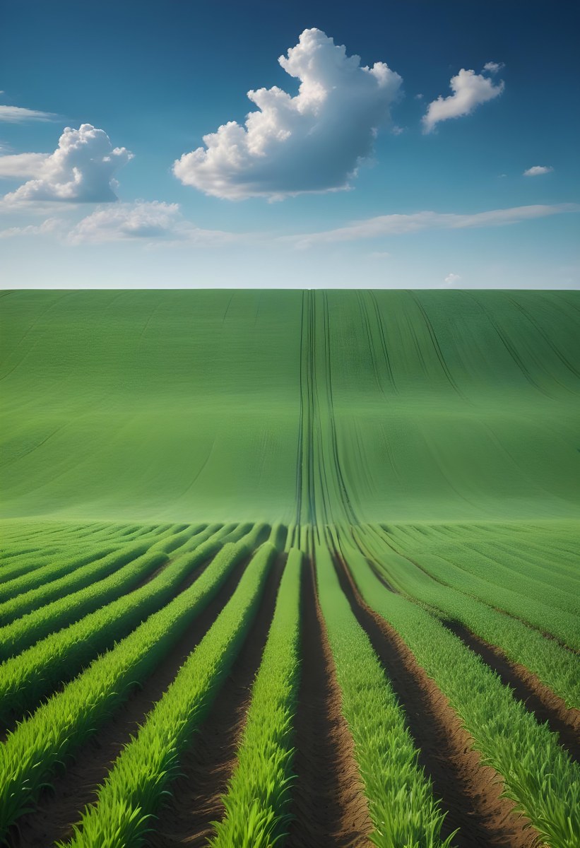 Minimal Soft Studio Light Photography A Vast Green Field With Rows Of Crops Stretching Out Under A Dramatic Blue Sky With Wispy Clouds High Detail Solid Bold Color Background 3 4235