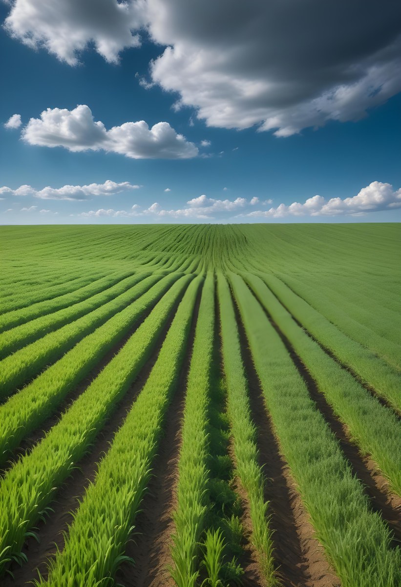 Minimal Soft Studio Light Photography A Vast Green Field With Rows Of Crops Stretching Out Under A Dramatic Blue Sky With Wispy Clouds High Detail Solid Bold Color Background 4 82f8