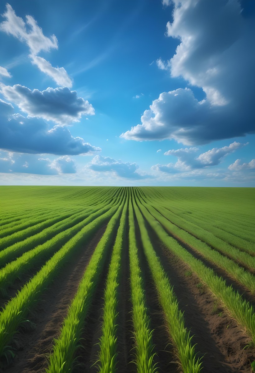 Minimal Soft Studio Light Photography A Vast Green Field With Rows Of Crops Stretching Out Under A Dramatic Blue Sky With Wispy Clouds High Detail Solid Bold Color Background 5 D3ae