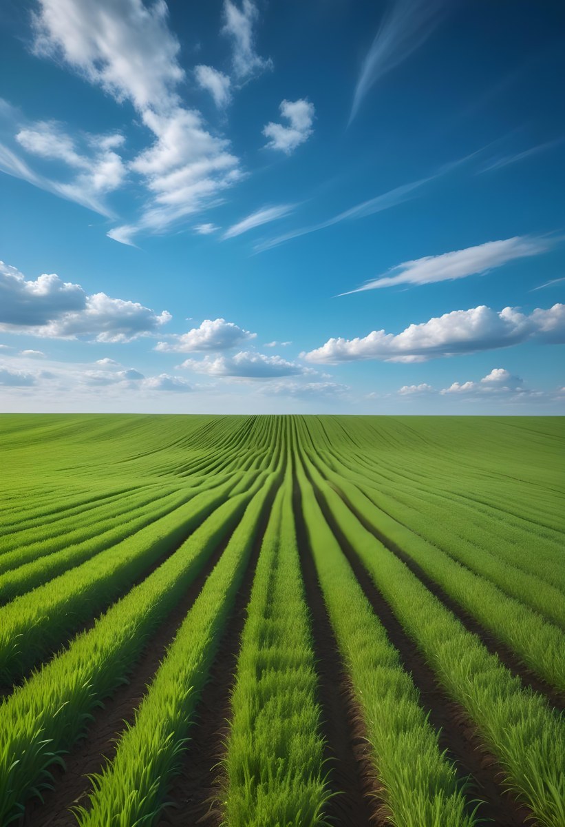 Minimal Soft Studio Light Photography A Vast Green Field With Rows Of Crops Stretching Out Under A Dramatic Blue Sky With Wispy Clouds High Detail Solid Bold Color Background 7 E36e