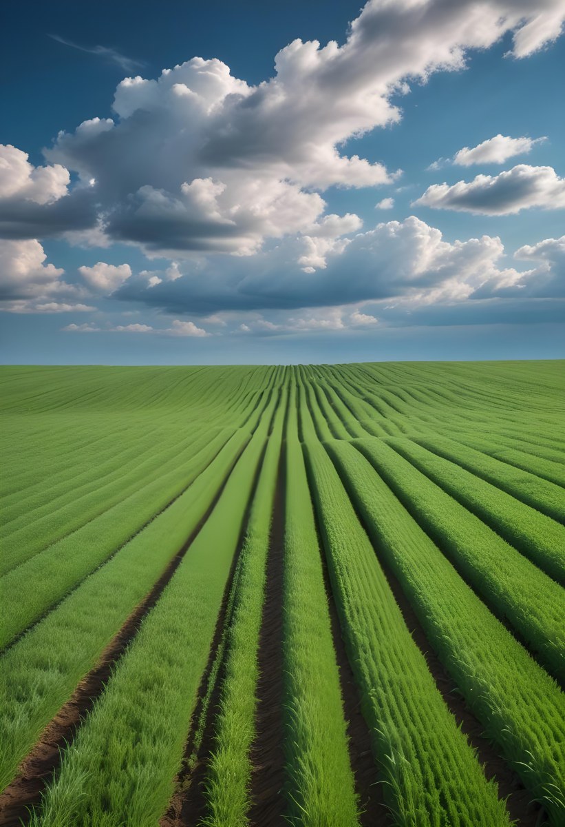 Minimal Soft Studio Light Photography A Vast Green Field With Rows Of Crops Stretching Out Under A Dramatic Blue Sky With Wispy Clouds High Detail Solid Bold Color Background 8 417c