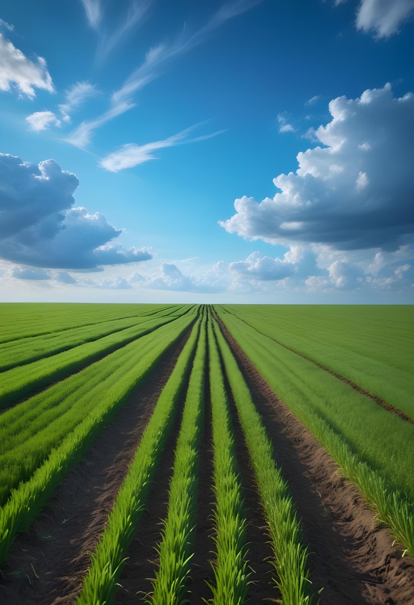 Minimal Soft Studio Light Photography A Vast Green Field With Rows Of Crops Stretching Out Under A Dramatic Blue Sky With Wispy Clouds High Detail Solid Bold Color Background 9 Ebab