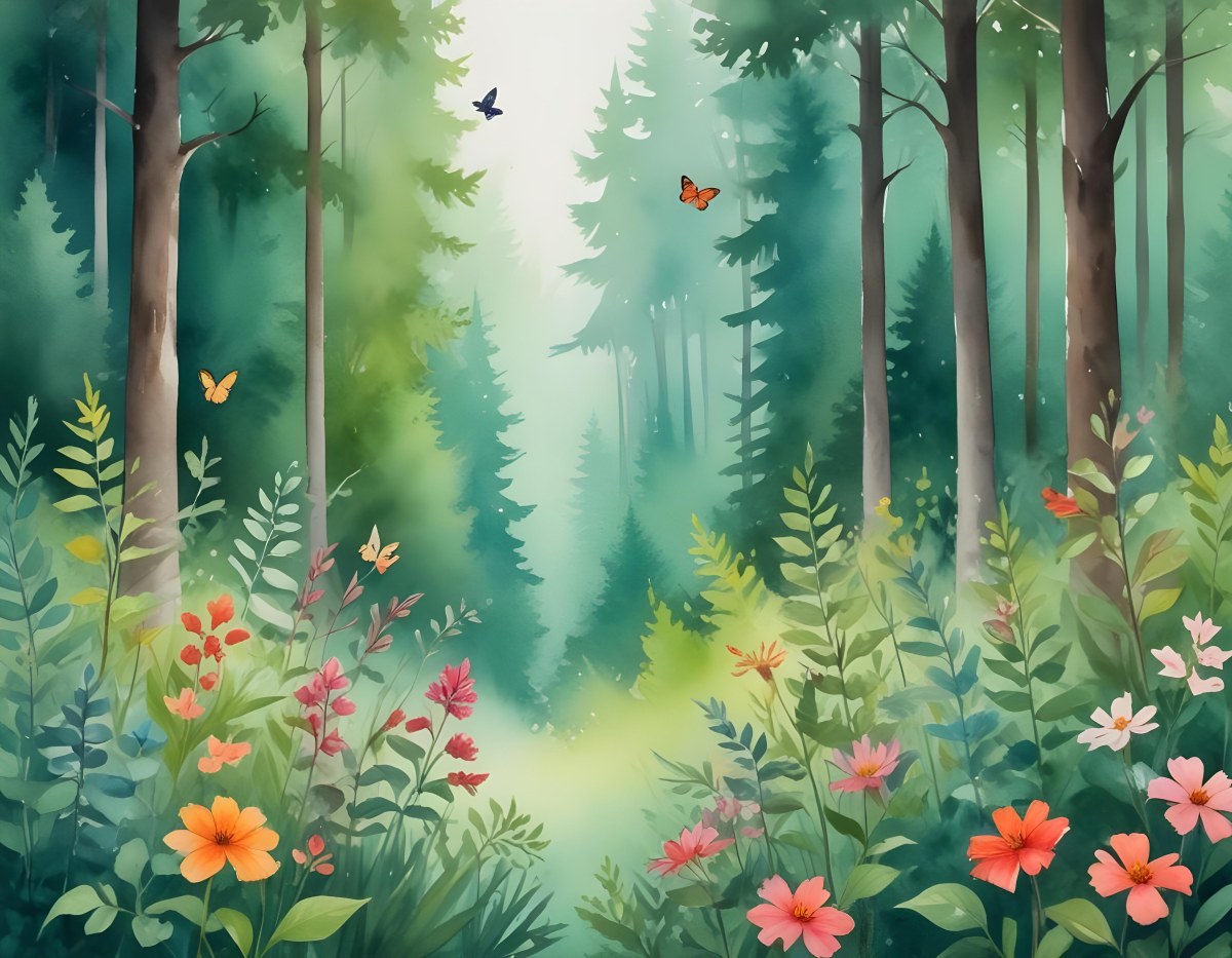 Minimal Soft Studio Light Photography A Watercolor Painting Of A Lush Green Forest With Tall Trees Vibrant Foliage And A Variety Of Colorful Flowers In The Foreground A Butterfly And A Bird High Detail Solid Bold 14 3ef0