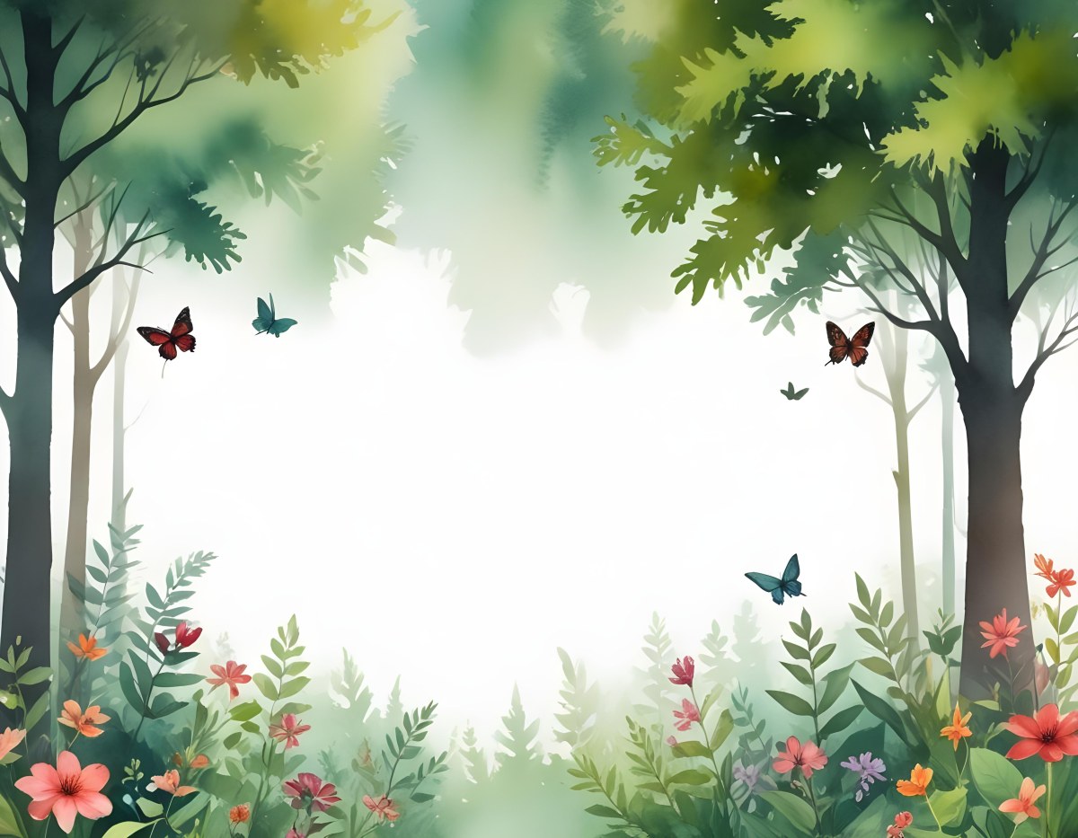 Minimal Soft Studio Light Photography A Watercolor Painting Of A Lush Green Forest With Tall Trees Vibrant Foliage And A Variety Of Colorful Flowers In The Foreground A Butterfly And A Bird High Detail Solid Bold 24 1ed7