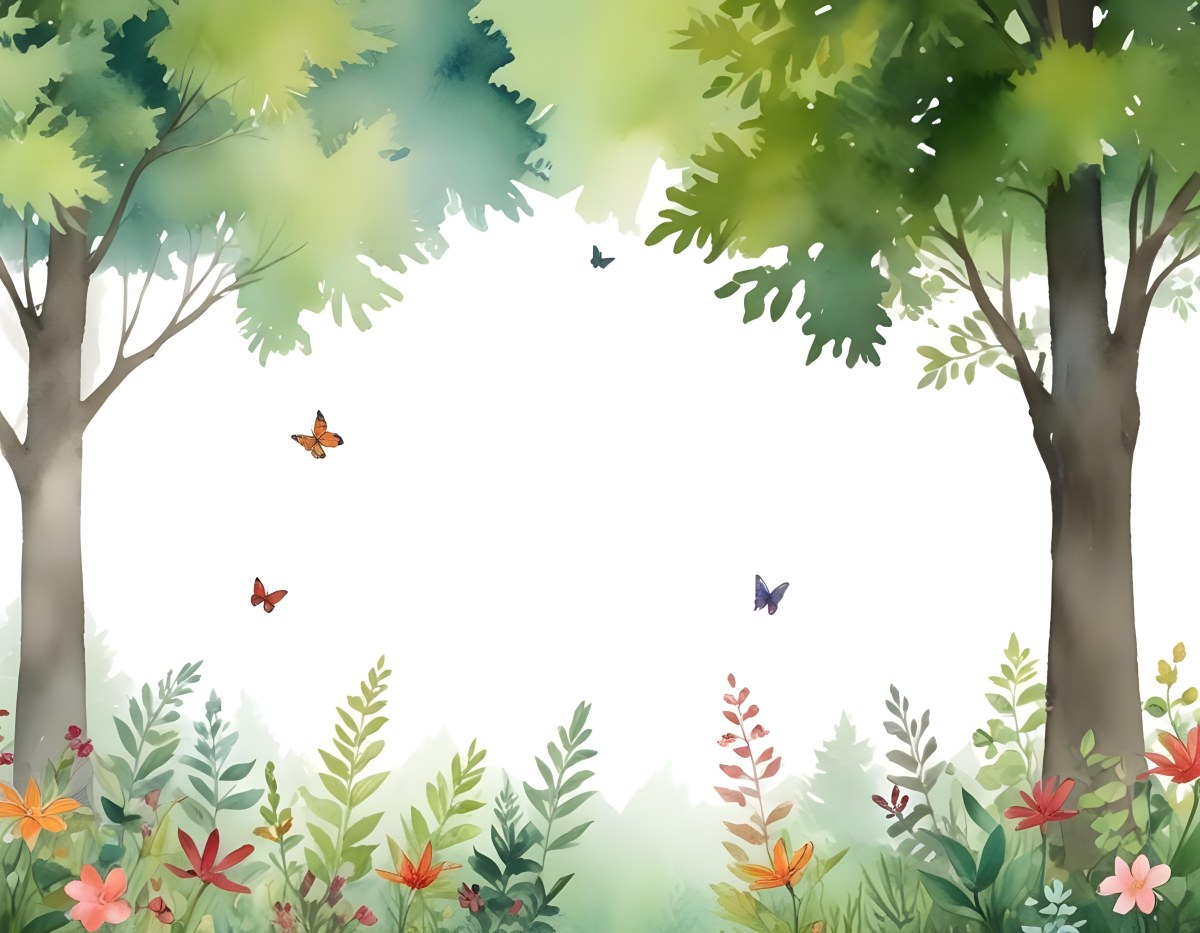 Minimal Soft Studio Light Photography A Watercolor Painting Of A Lush Green Forest With Tall Trees Vibrant Foliage And A Variety Of Colorful Flowers In The Foreground A Butterfly And A Bird High Detail Solid Bold 32 3128
