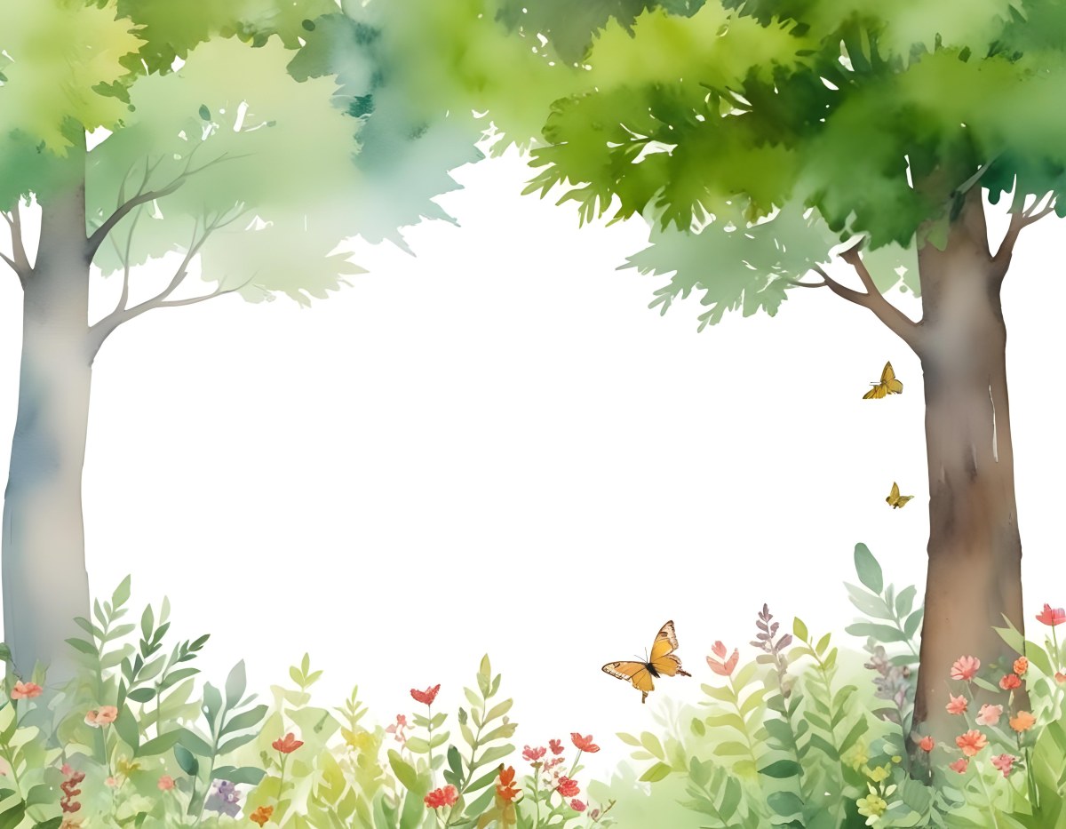 Minimal Soft Studio Light Photography A Watercolor Painting Of A Lush Green Forest With Tall Trees Vibrant Foliage And A Variety Of Colorful Flowers In The Foreground A Butterfly And A Bird High Detail Solid Bold 36 F961