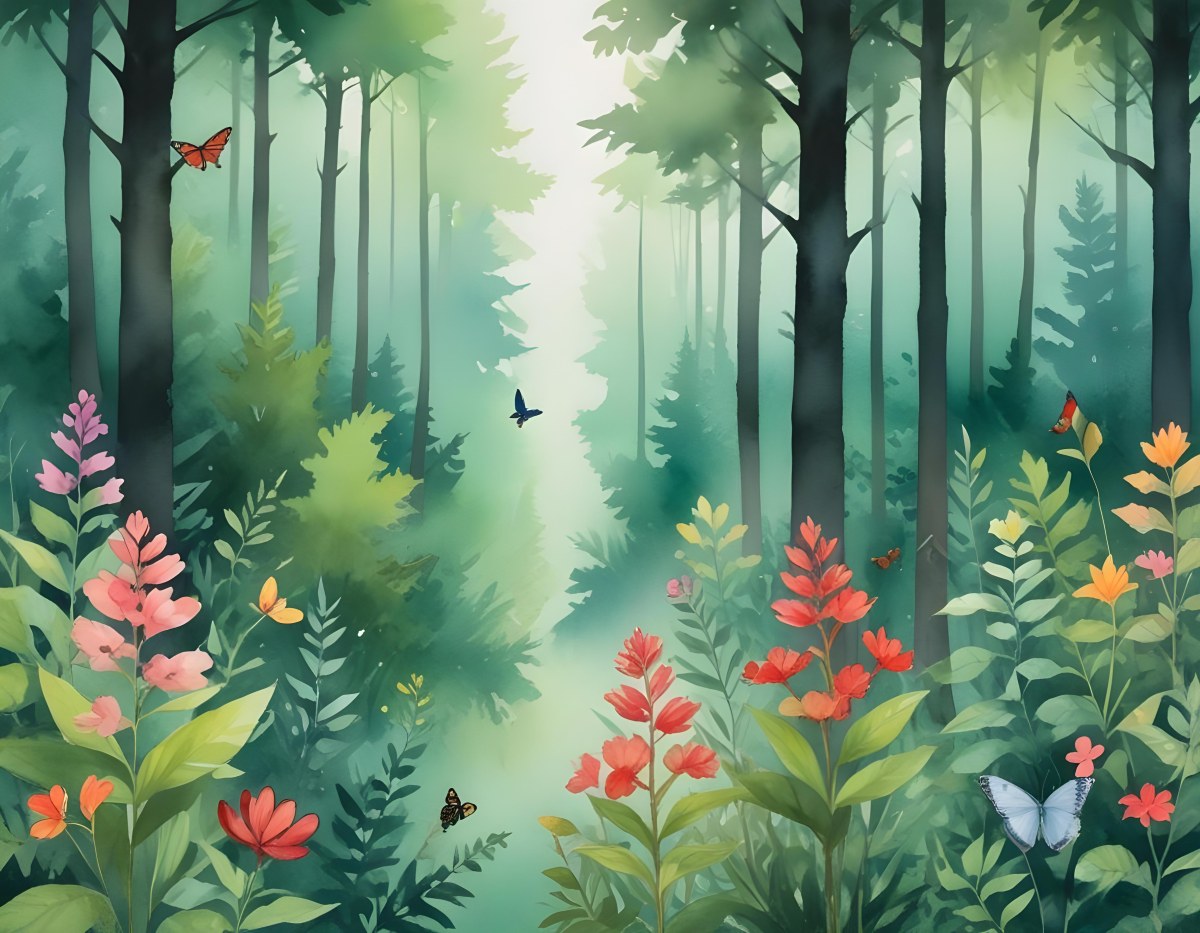 Minimal Soft Studio Light Photography A Watercolor Painting Of A Lush Green Forest With Tall Trees Vibrant Foliage And A Variety Of Colorful Flowers In The Foreground A Butterfly And A Bird High Detail Solid Bold 4 651f