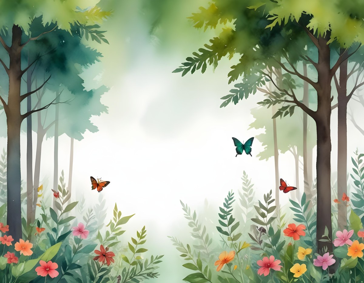 Minimal Soft Studio Light Photography A Watercolor Painting Of A Lush Green Forest With Tall Trees Vibrant Foliage And A Variety Of Colorful Flowers In The Foreground A Butterfly And A Bird High Detail Solid Bold 41 09ce