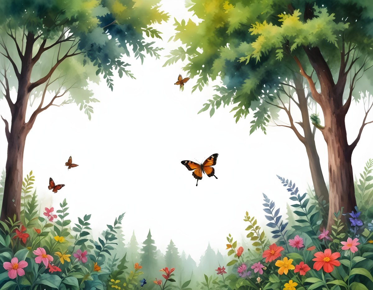 Minimal Soft Studio Light Photography A Watercolor Painting Of A Lush Green Forest With Tall Trees Vibrant Foliage And A Variety Of Colorful Flowers In The Foreground A Butterfly And A Bird High Detail Solid Bold 48 2c74