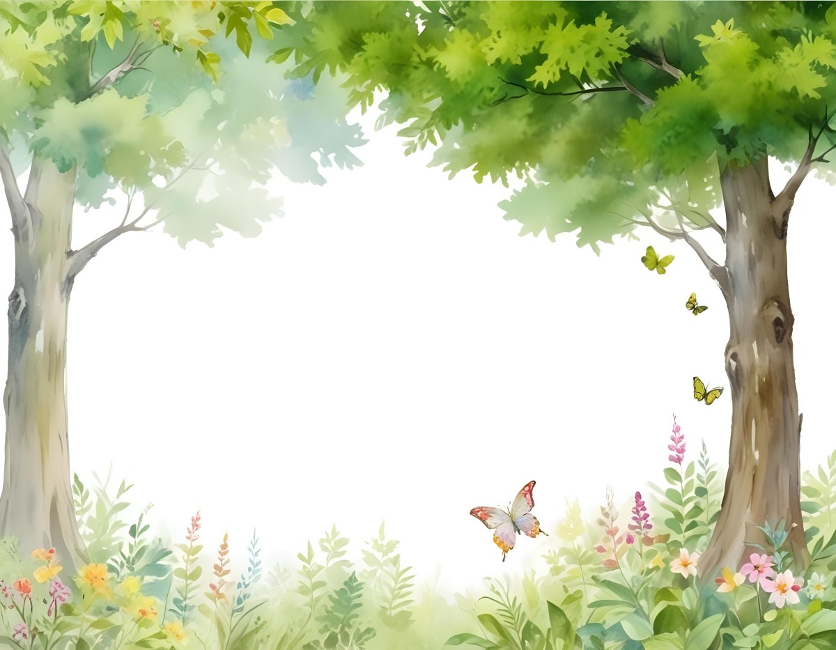 Minimal Soft Studio Light Photography A Watercolor Painting Of A Lush Green Forest With Tall Trees Vibrant Foliage And A Variety Of Colorful Flowers In The Foreground A Butterfly And A Bird High Detail Solid Bold 5 7924