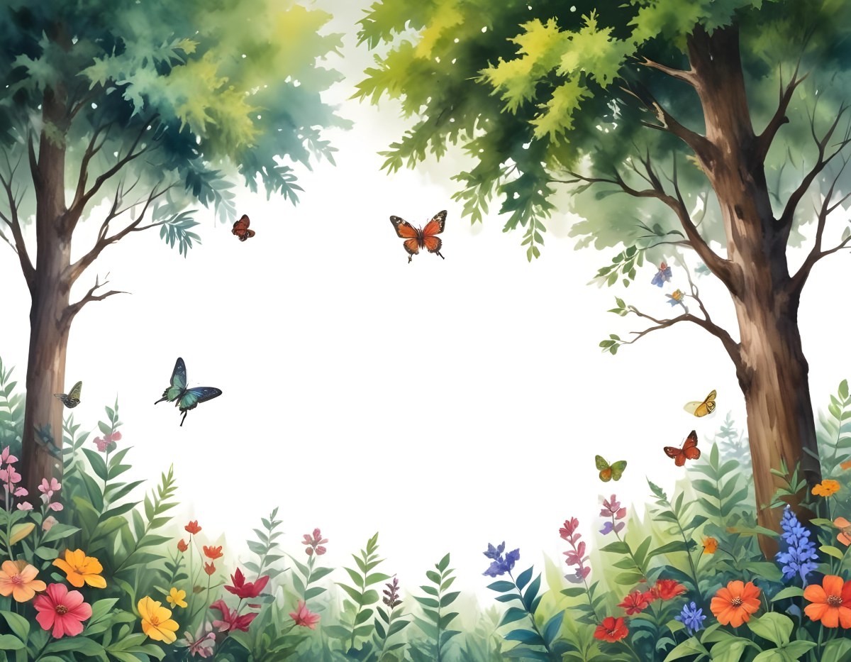 Minimal Soft Studio Light Photography A Watercolor Painting Of A Lush Green Forest With Tall Trees Vibrant Foliage And A Variety Of Colorful Flowers In The Foreground A Butterfly And A Bird High Detail Solid Bold 50 C735