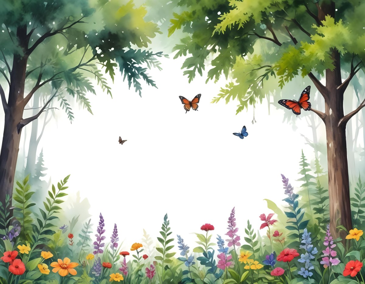 Minimal Soft Studio Light Photography A Watercolor Painting Of A Lush Green Forest With Tall Trees Vibrant Foliage And A Variety Of Colorful Flowers In The Foreground A Butterfly And A Bird High Detail Solid Bold 51 92b7