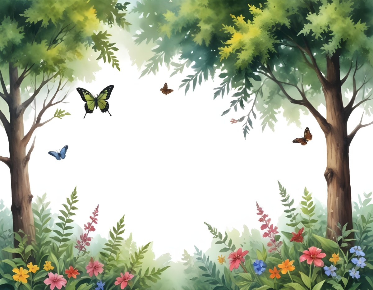 Minimal Soft Studio Light Photography A Watercolor Painting Of A Lush Green Forest With Tall Trees Vibrant Foliage And A Variety Of Colorful Flowers In The Foreground A Butterfly And A Bird High Detail Solid Bold 52 5db0