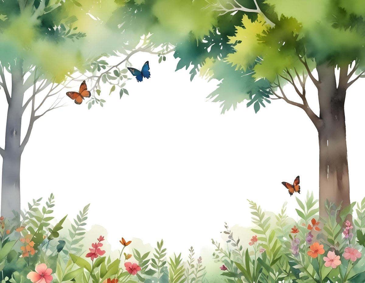 Minimal Soft Studio Light Photography A Watercolor Painting Of A Lush Green Forest With Tall Trees Vibrant Foliage And A Variety Of Colorful Flowers In The Foreground A Butterfly And A Bird High Detail Solid Bold 54 F596