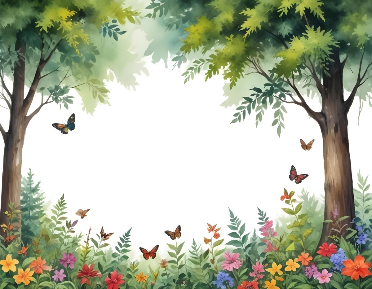Minimal Soft Studio Light Photography A Watercolor Painting Of A Lush Green Forest With Tall Trees Vibrant Foliage And A Variety Of Colorful Flowers In The Foreground A Butterfly And A Bird High Detail Solid Bold 55 D0e7