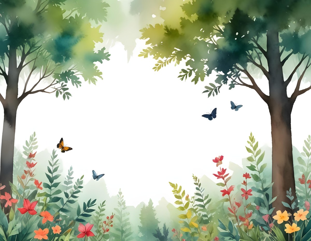 Minimal Soft Studio Light Photography A Watercolor Painting Of A Lush Green Forest With Tall Trees Vibrant Foliage And A Variety Of Colorful Flowers In The Foreground A Butterfly And A Bird High Detail Solid Bold 6 F477