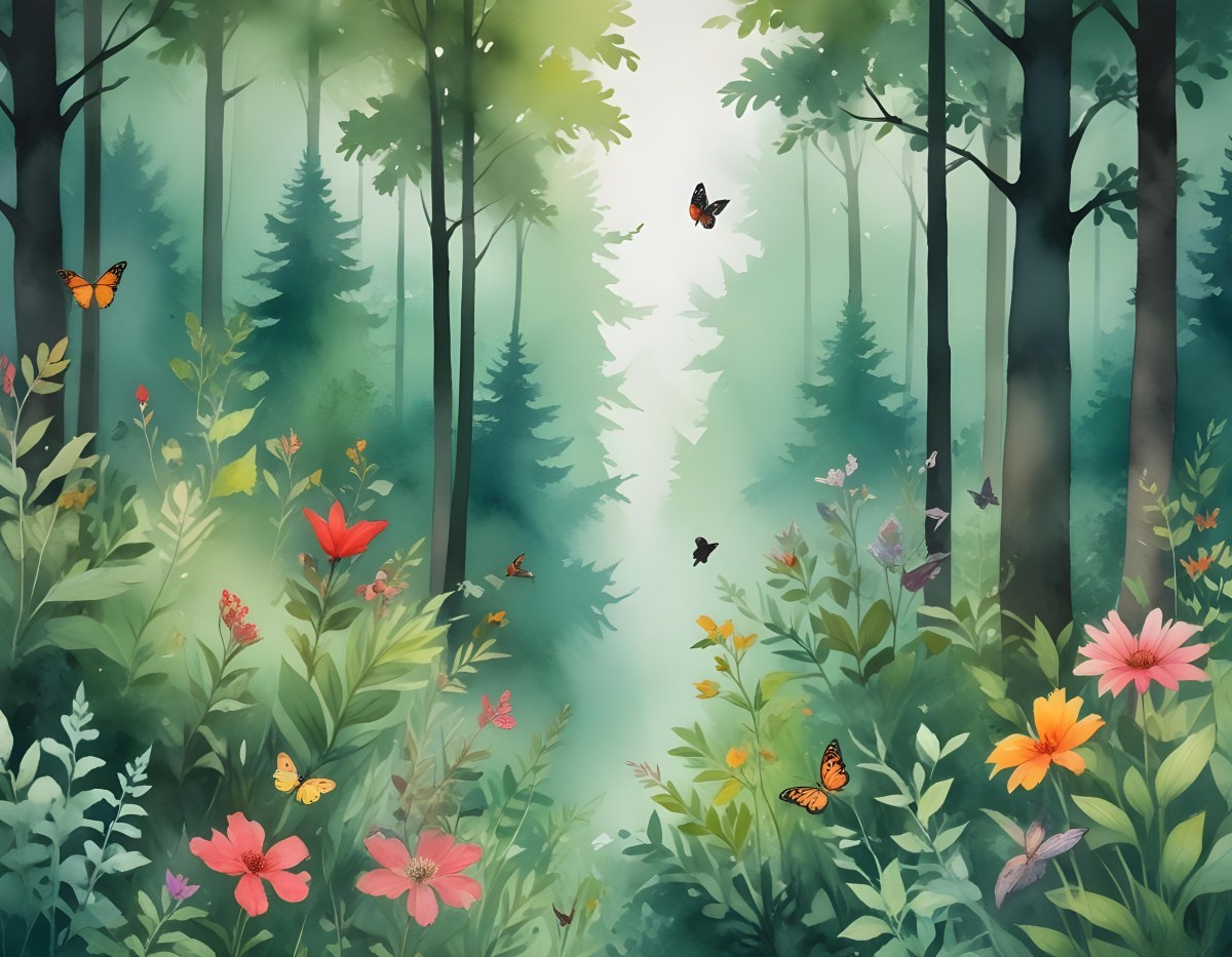 Minimal Soft Studio Light Photography A Watercolor Painting Of A Lush Green Forest With Tall Trees Vibrant Foliage And A Variety Of Colorful Flowers In The Foreground A Butterfly And A Bird High Detail Solid Bold 8 00a3