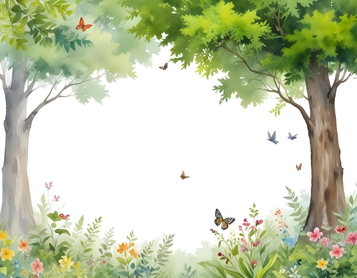 Minimal Soft Studio Light Photography A Watercolor Painting Of A Lush Green Forest With Tall Trees Vibrant Foliage And A Variety Of Colorful Flowers In The Foreground A Butterfly And A Bird High Detail Solid Bold 9 85a7