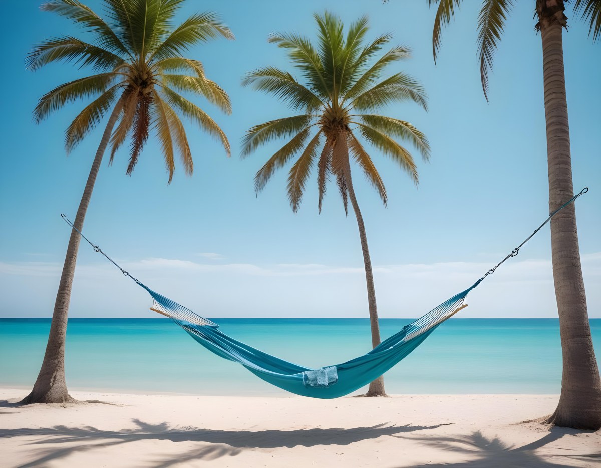 Minimal Soft Studio Light Photography Beach Scene With Two Tall Palm Trees On Either Side A Blue Hammock Strung Between Them Soft Sandy Shore Calm Turquoise Water And A Clear Blue Sky With A Few Clouds In The Backg 6 3fca