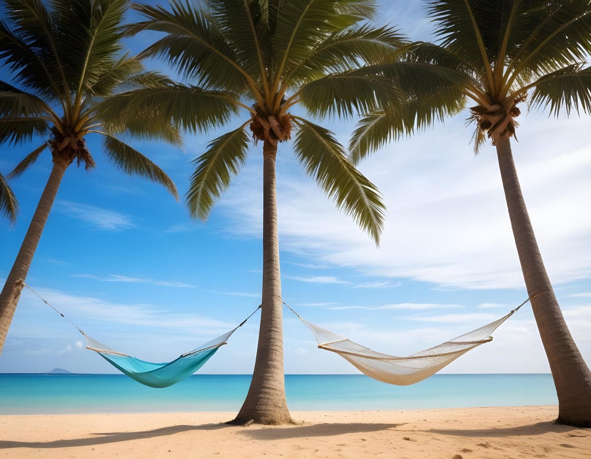 Minimal Soft Studio Light Photography Beach Scene With Two Tall Palm Trees On Either Side A Blue Hammock Strung Between Them Soft Sandy Shore Calm Turquoise Water And A Clear Blue Sky With A Few Clouds In The Backg 7 F2a3