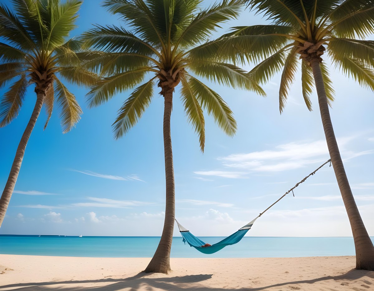 Minimal Soft Studio Light Photography Beach Scene With Two Tall Palm Trees On Either Side A Blue Hammock Strung Between Them Soft Sandy Shore Calm Turquoise Water And A Clear Blue Sky With A Few Clouds In The Backg 8 F51b