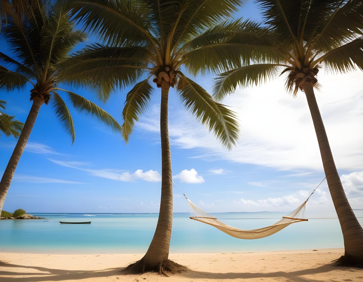 Minimal Soft Studio Light Photography Beach Scene With Two Tall Palm Trees On Either Side A Blue Hammock Strung Between Them Soft Sandy Shore Calm Turquoise Water And A Clear Blue Sky With A Few Clouds In The Backg 9 0d6c