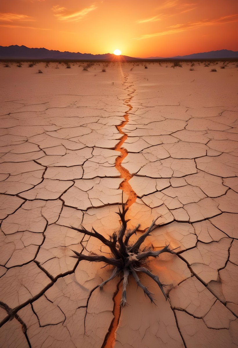 Minimal Soft Studio Light Photography Cracked Dry Desert Landscape With A Dramatic Orange Sky At Sunset High Detail Solid Bold Color Background 11 936c
