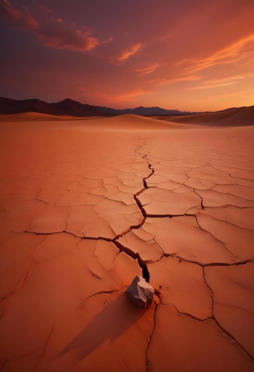 Minimal Soft Studio Light Photography Cracked Dry Desert Landscape With A Dramatic Orange Sky At Sunset High Detail Solid Bold Color Background 34 9821