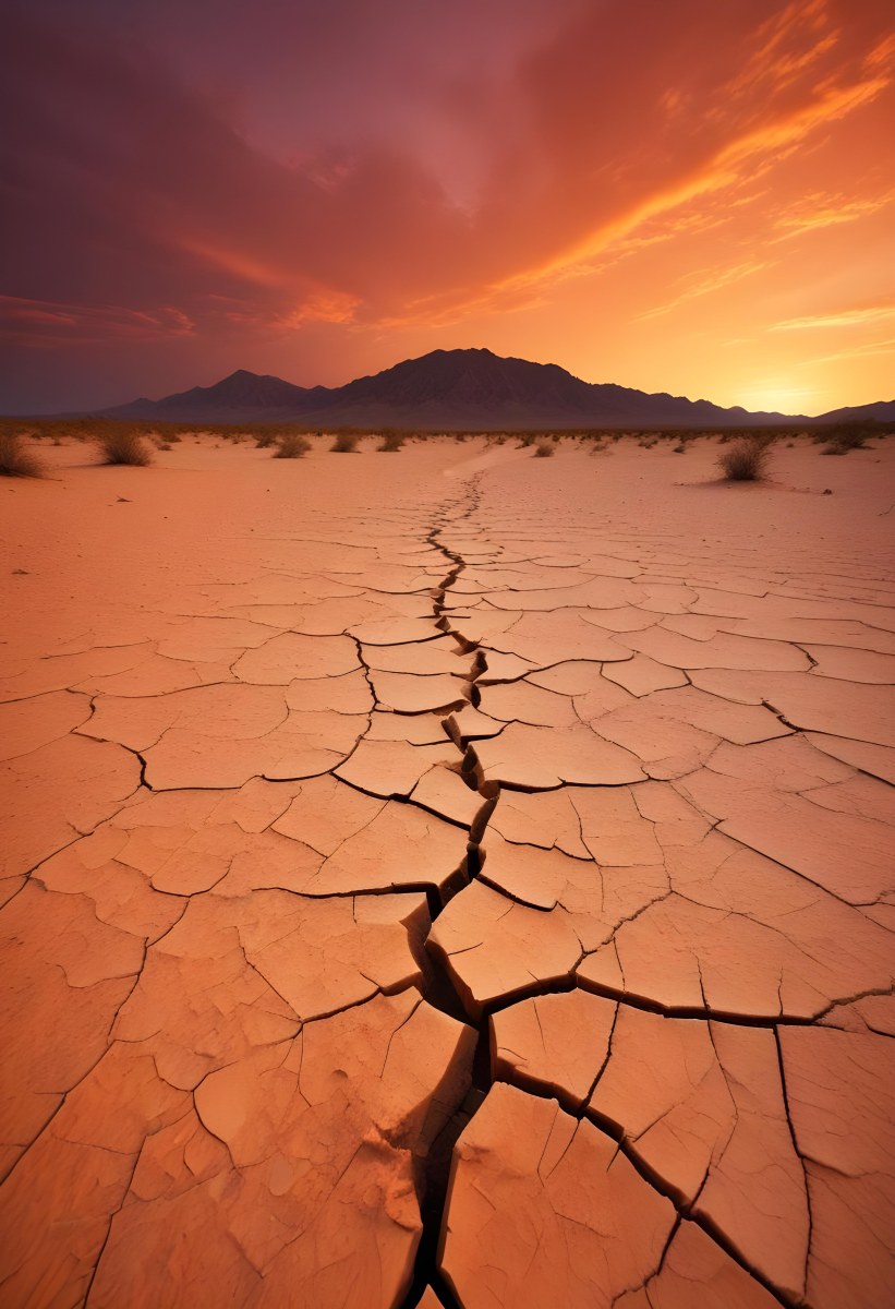 Minimal Soft Studio Light Photography Cracked Dry Desert Landscape With A Dramatic Orange Sky At Sunset High Detail Solid Bold Color Background 35 E35b