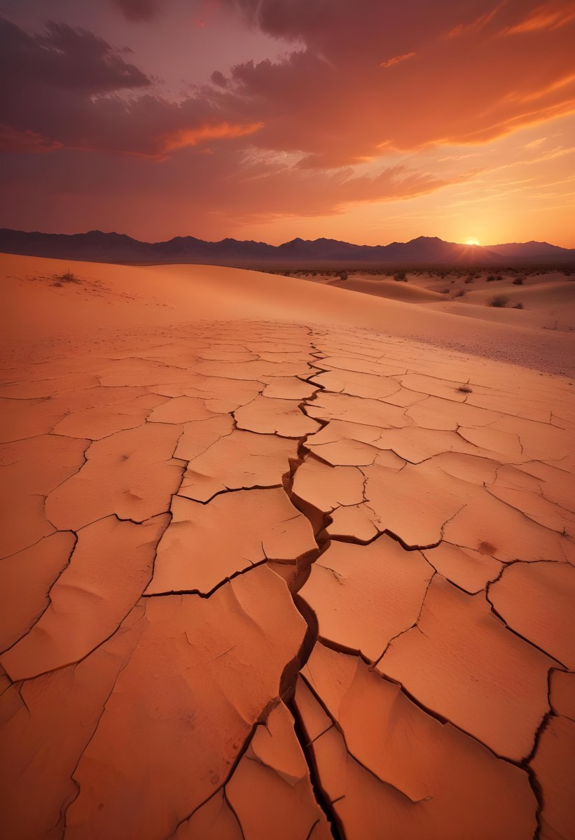 Minimal Soft Studio Light Photography Cracked Dry Desert Landscape With A Dramatic Orange Sky At Sunset High Detail Solid Bold Color Background 36 9032