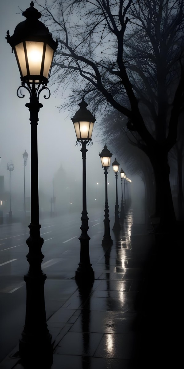 Minimal Soft Studio Light Photography Dimly Lit Street With Rows Of Vintage Style Lampposts Reflecting On A Wet Rainy Surface High Detail Solid Bold Color Background 1 C295