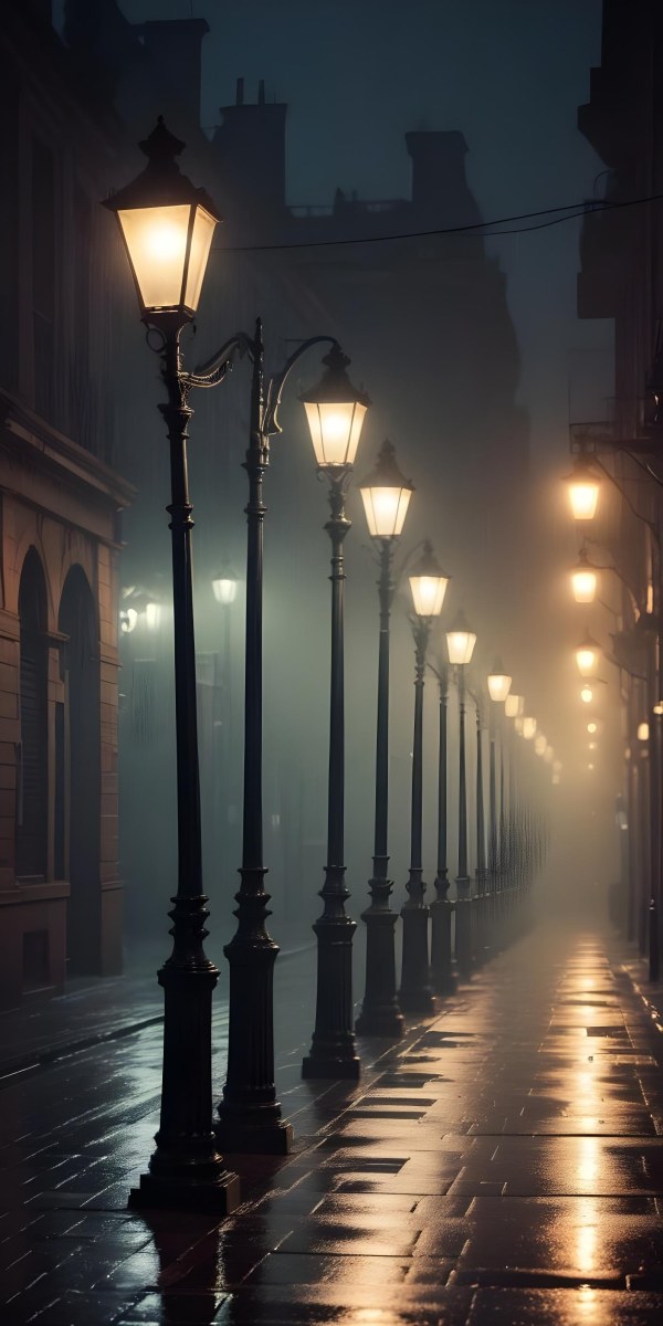 Minimal Soft Studio Light Photography Dimly Lit Street With Rows Of Vintage Style Lampposts Reflecting On A Wet Rainy Surface High Detail Solid Bold Color Background 11 488a