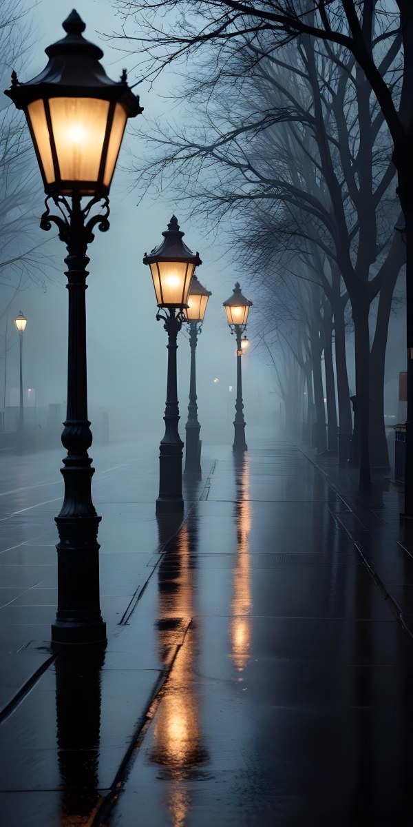 Minimal Soft Studio Light Photography Dimly Lit Street With Rows Of Vintage Style Lampposts Reflecting On A Wet Rainy Surface High Detail Solid Bold Color Background 12 F887