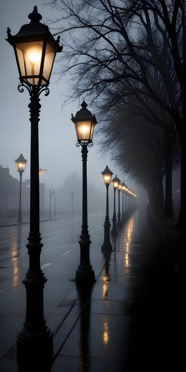 Minimal Soft Studio Light Photography Dimly Lit Street With Rows Of Vintage Style Lampposts Reflecting On A Wet Rainy Surface High Detail Solid Bold Color Background 2 4dea